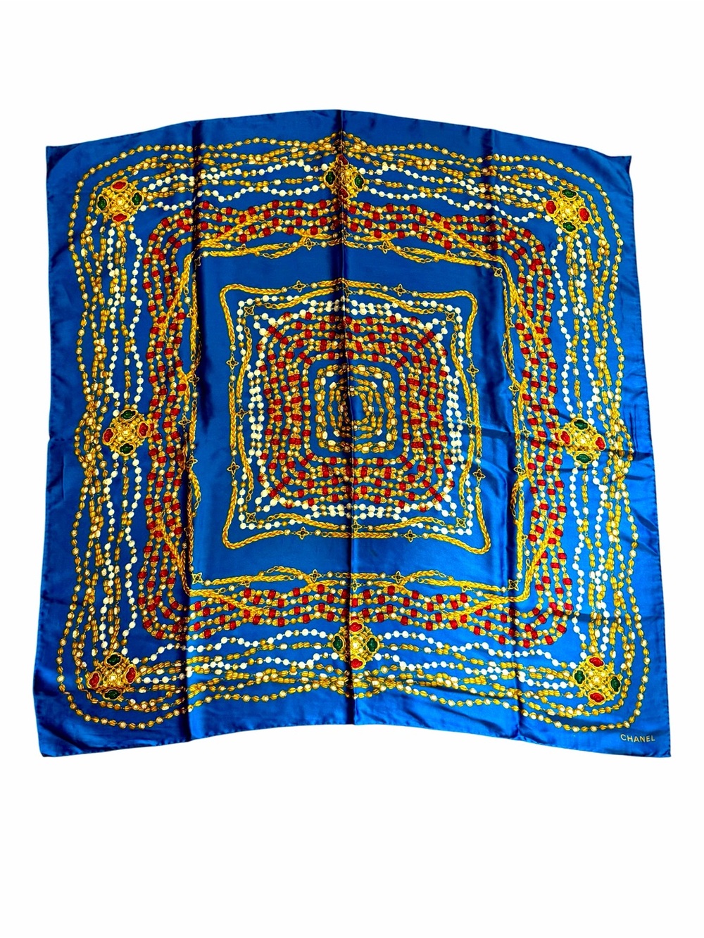 CHANEL Gripoix Blue Silk Scarf with Gold Chain and Red & Green Medallions